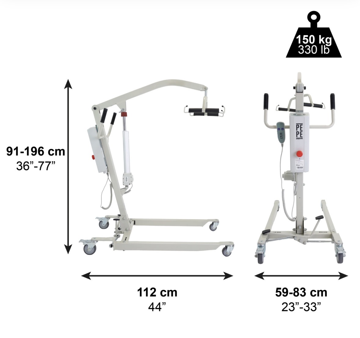 Medidas de la grúa PEPE: largo 112 cm, ancho 59–83 cm, altura 91–196 cm y carga máxima 150 kg