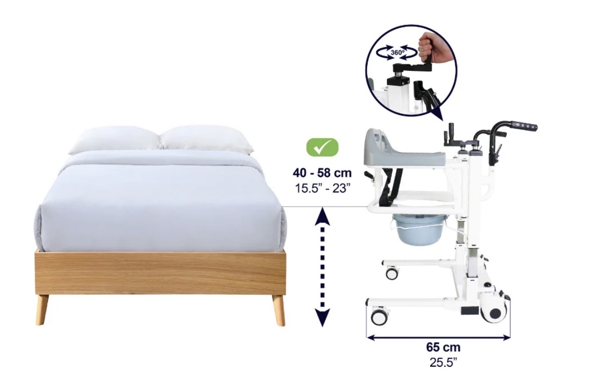 Silla de transferencia: fondo de 65 cm y altura del asiento de 40 a 58 cm