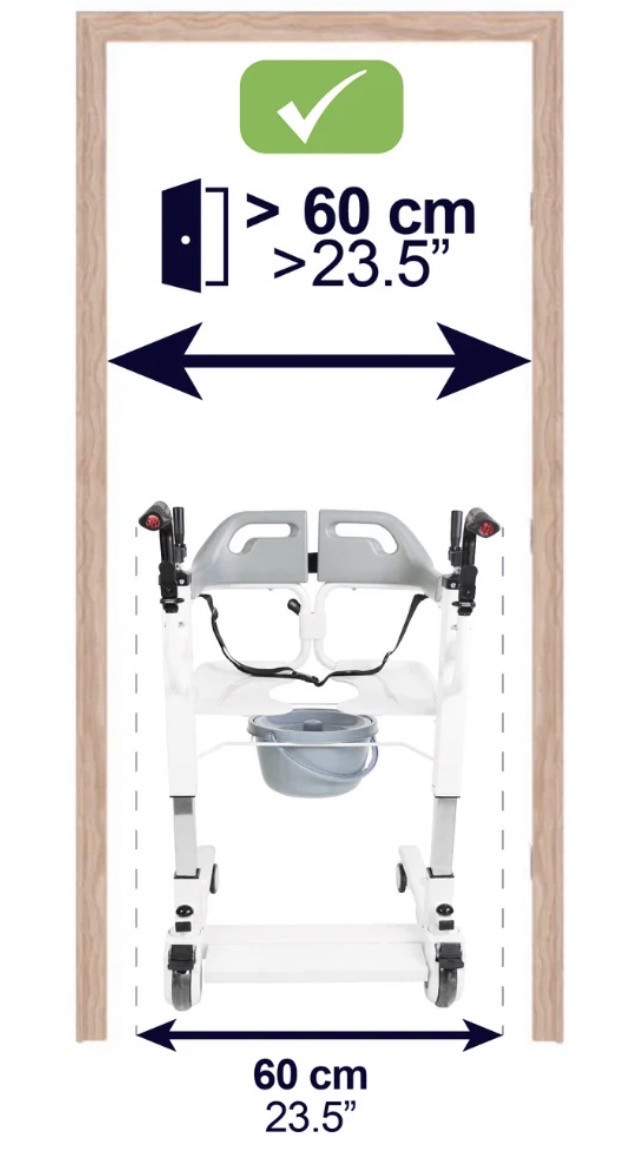 Ancho de la silla de 60 cm; requiere puerta con paso libre superior a 60 cm